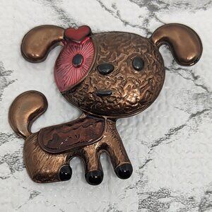 Cute Copper Tone Dog Brooch Pendant Red Heart Eye & Pin Back 2 Inches Tall